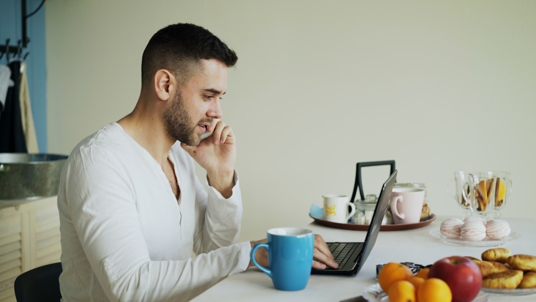 mystery writer at desk with coffee