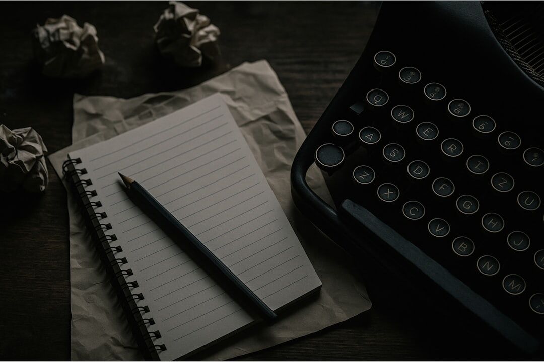 Writer's desk with manuscript pages, coffee cup and reading glasses