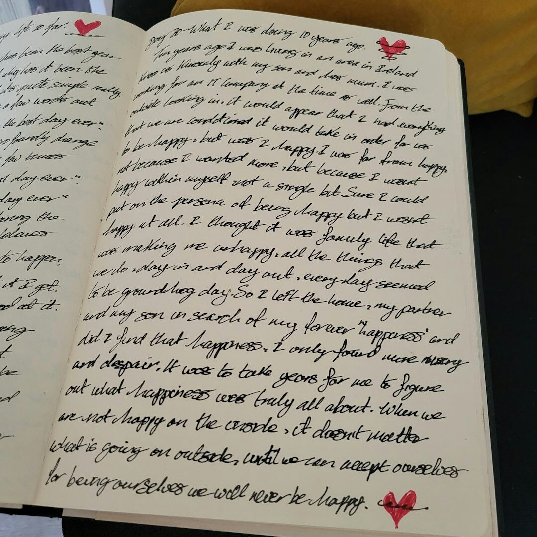 Open notebook with handwritten notes and a fountain pen